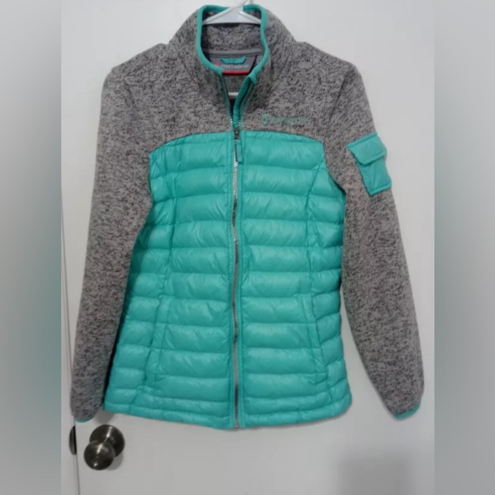 Free Country Feather Down Full Zip  Turquoise Gray Puffer/knit Jacket W Pockets